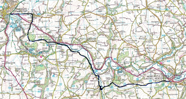 Cycle from Cardigan to Newcastle Emlyn West Wales Map