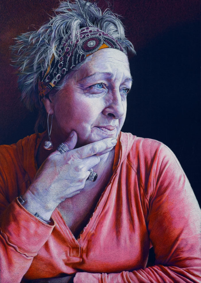 Penbrokeshire Open Studios Lynn Wearing Headscarf by Sarah Hope